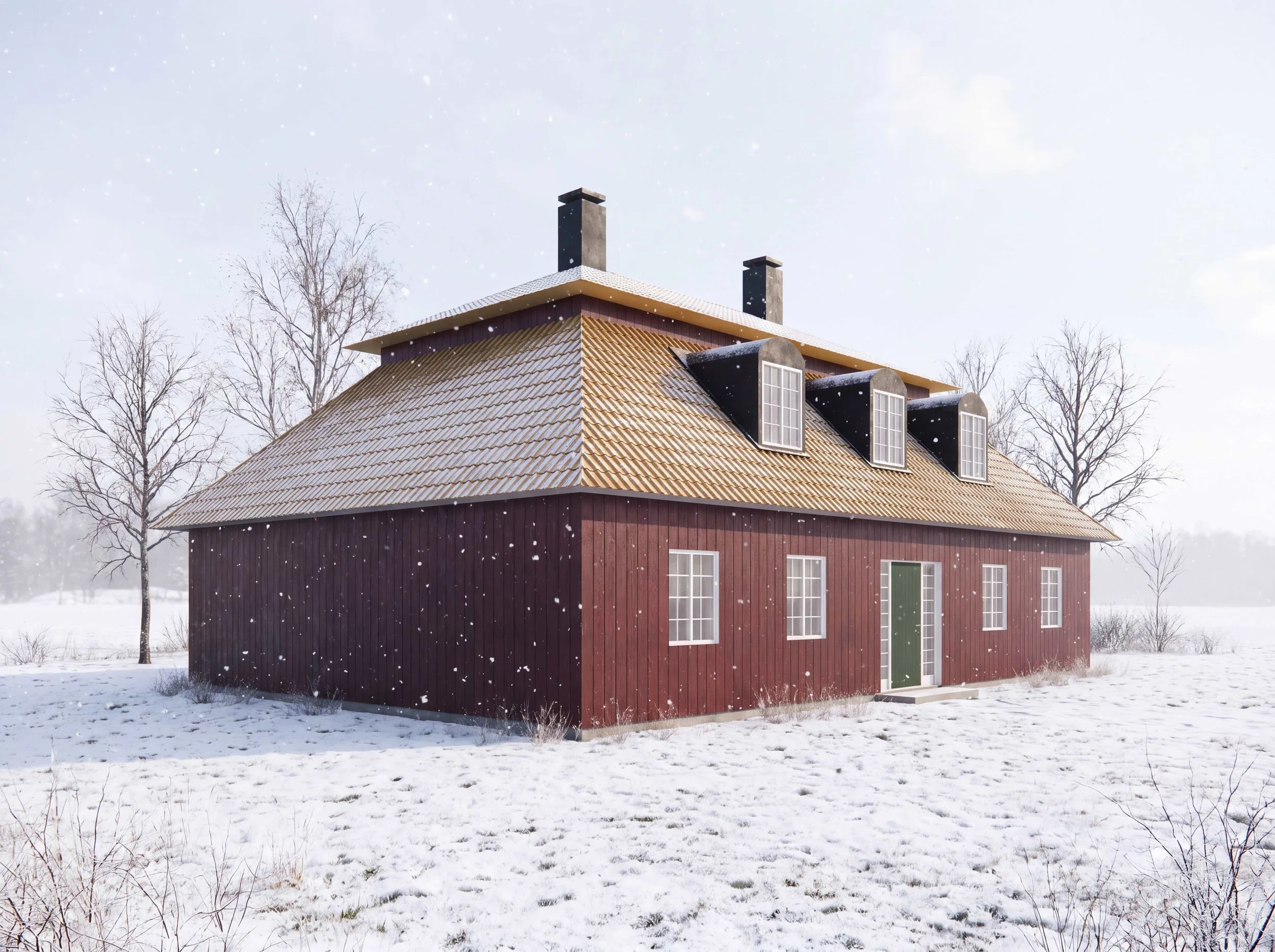 Röd trähus med stuprörsdraper, tre takfönster och två skorstenen i snön, omgiven av några bladlösa träd, i vinterlandskap med snöfall.