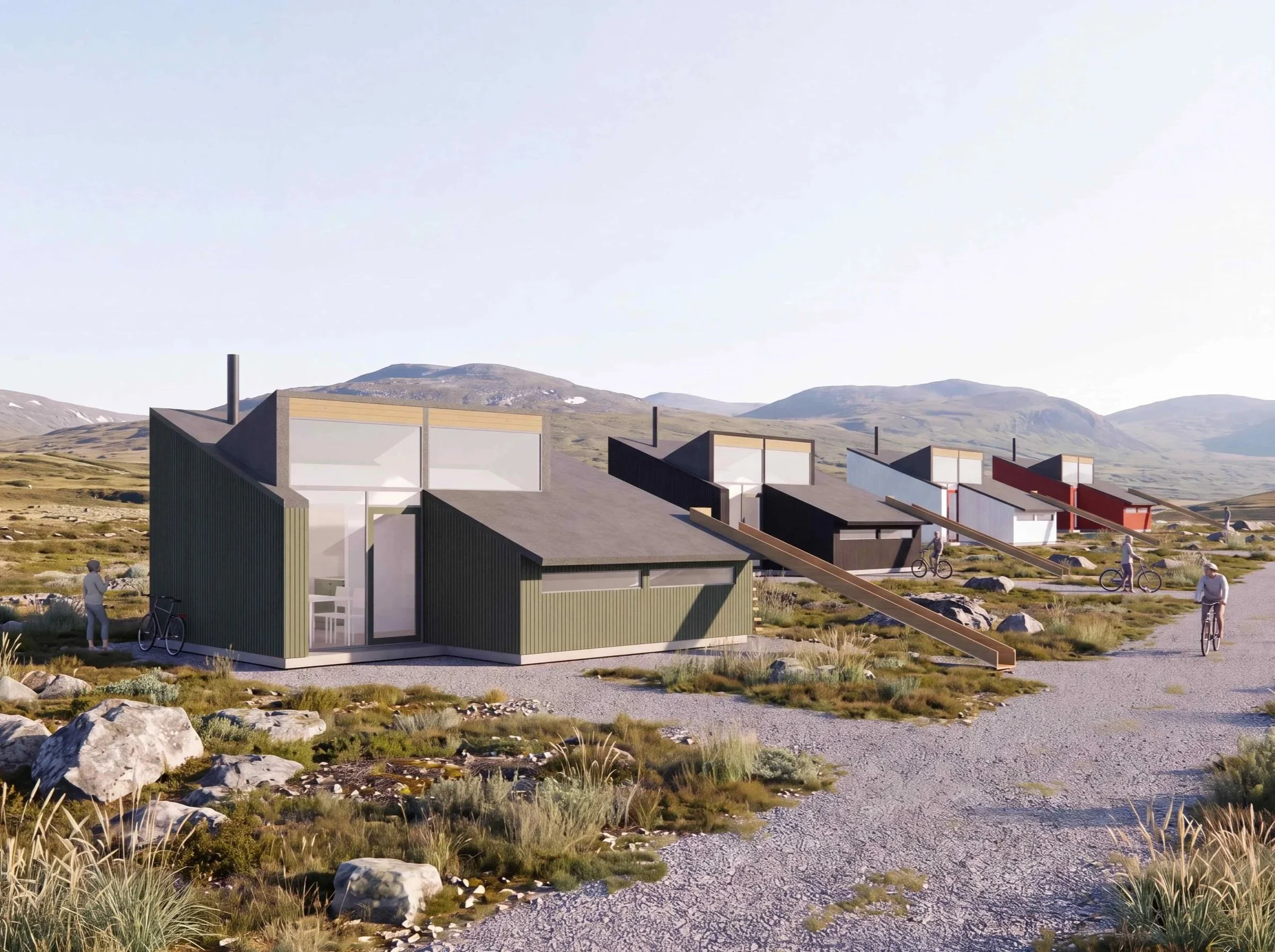 Färgglada tiny houses med sluttande tak i ett bergigt landskap med blå himmel.