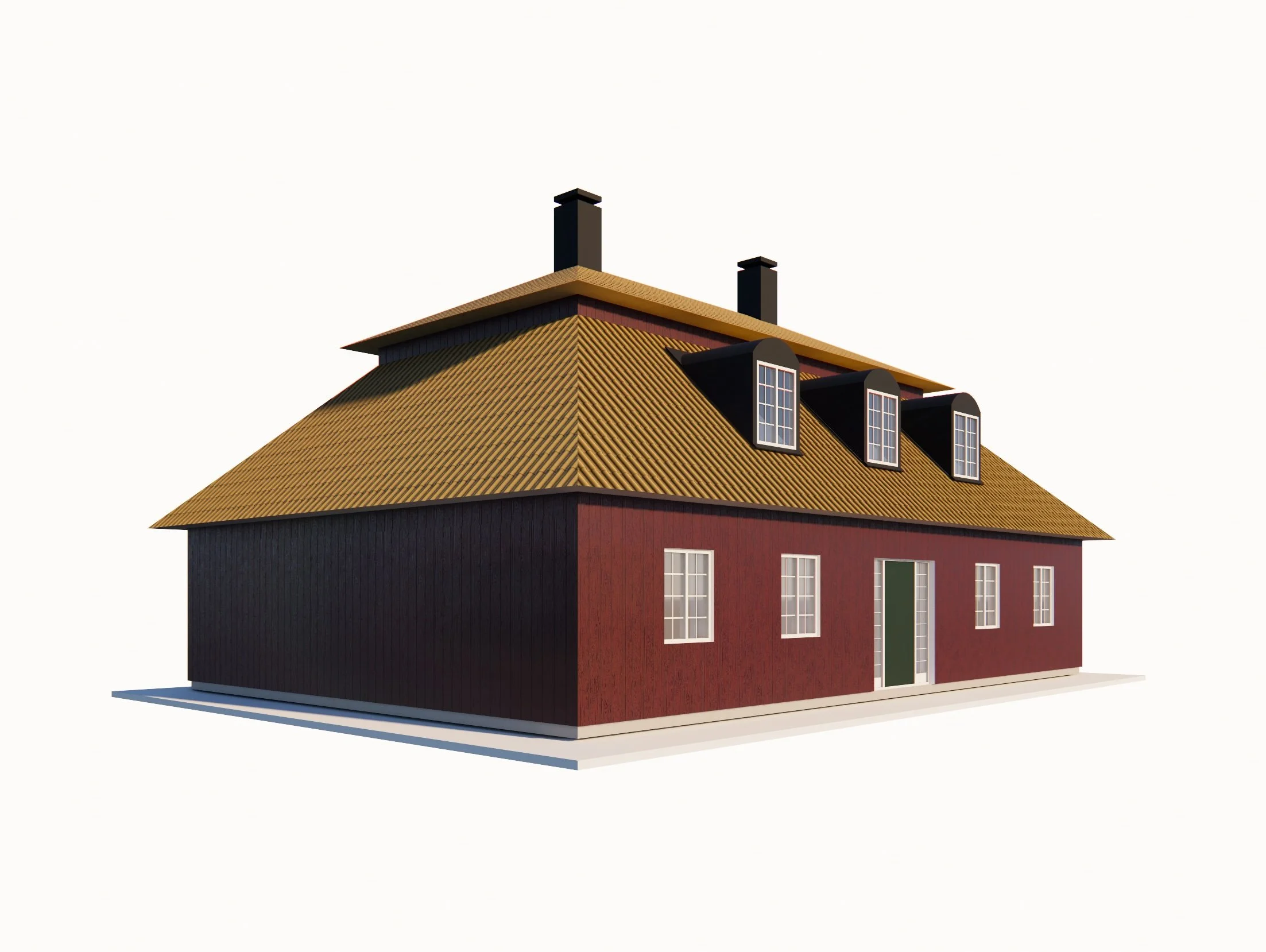 Vilarki huskoncept: Tradition. Villa med säteritak och röd träfasad. Klassiska fönster. Gula tegelpannor. Grön ytterdörr.