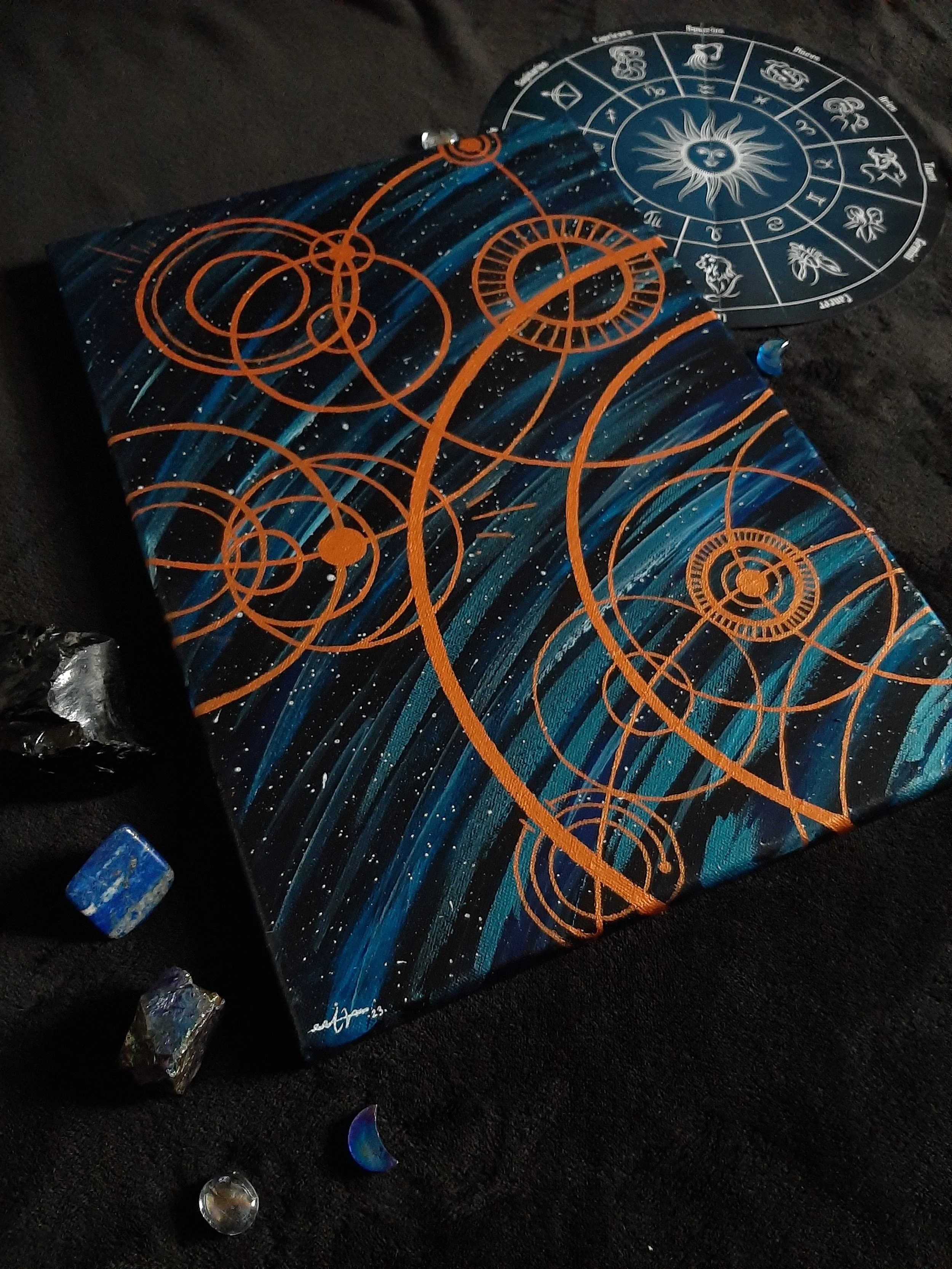 Hyperdrive. Cosmic download encryption script art. Esoteric vibrational download. Space wormhole featured background with amber/gold accents depicting code like language, referenced to gallifreyian- from doctor who. A3 canvas wash with blue and black