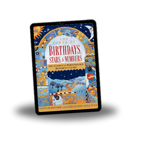 Book titled 'The Power of Birthdays, Stars, & Numbers: The Complete Personology Reference Guide' by Saffi Crawford and Geraldine Sullivan, featuring a colorful cover with celestial and landscape artwork.