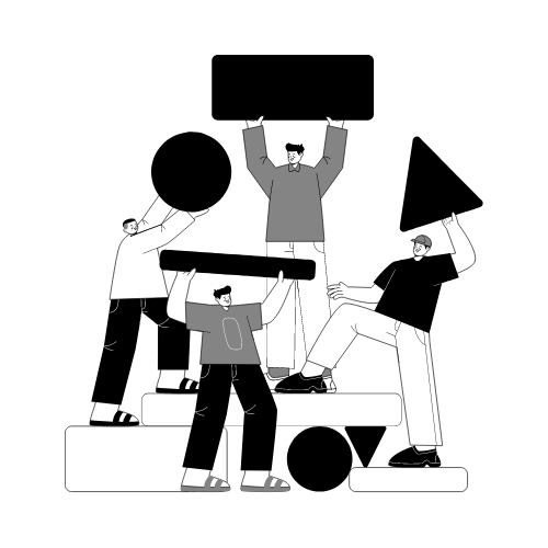 Four people celebrating on a tiered podium with raised hands, cheering and smiling.