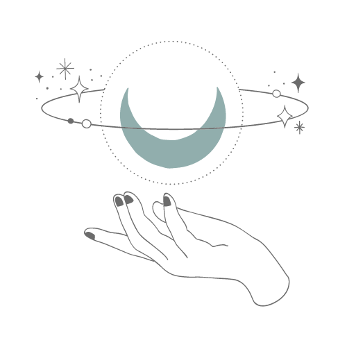 Illustration of a hand holding a crescent moon with stars and planetary orbits around it, set against a black background.