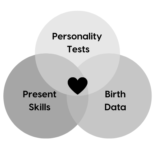 Venn diagram with three circles labeled Personality Tests, Present Skills, and Birth Data, overlapping at the center with a heart symbol.