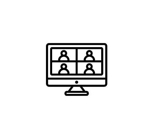 Icon of a computer monitor displaying four people in a video conference grid.