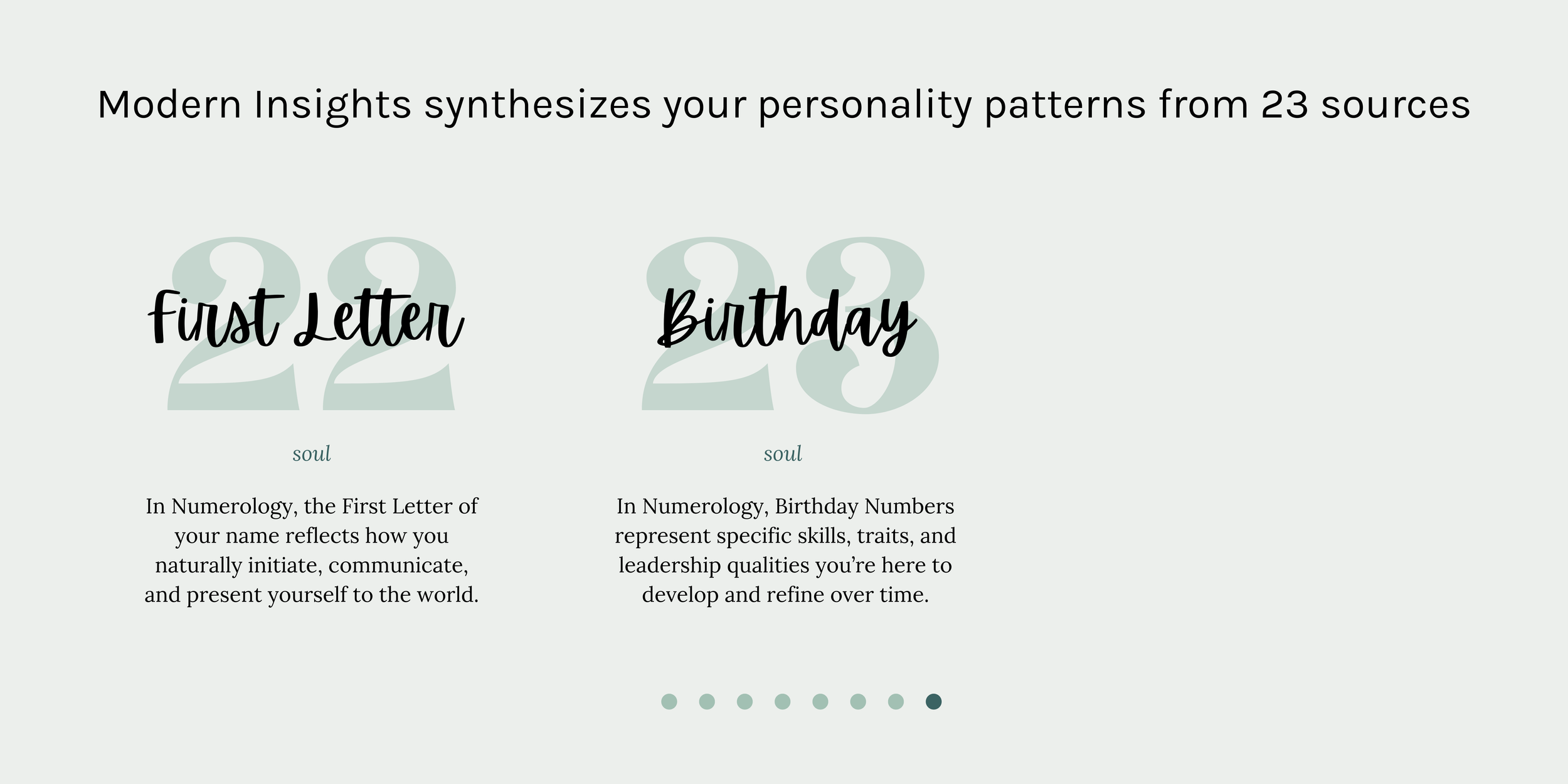 A webpage with a light background and black text, displaying information about personality patterns related to the first letter of a name and birthdays, with a series of dots indicating a carousel or slideshow at the bottom.