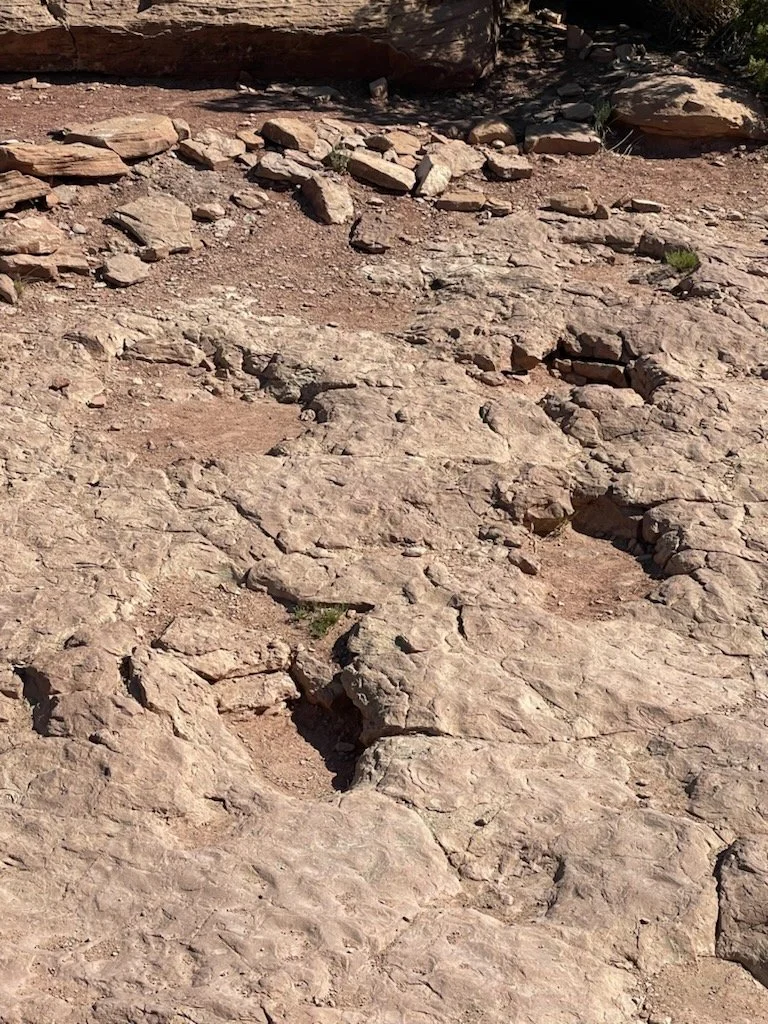 Rocky desert terrain with layered, weathered stones and small patches of dirt, in a natural outdoor setting.