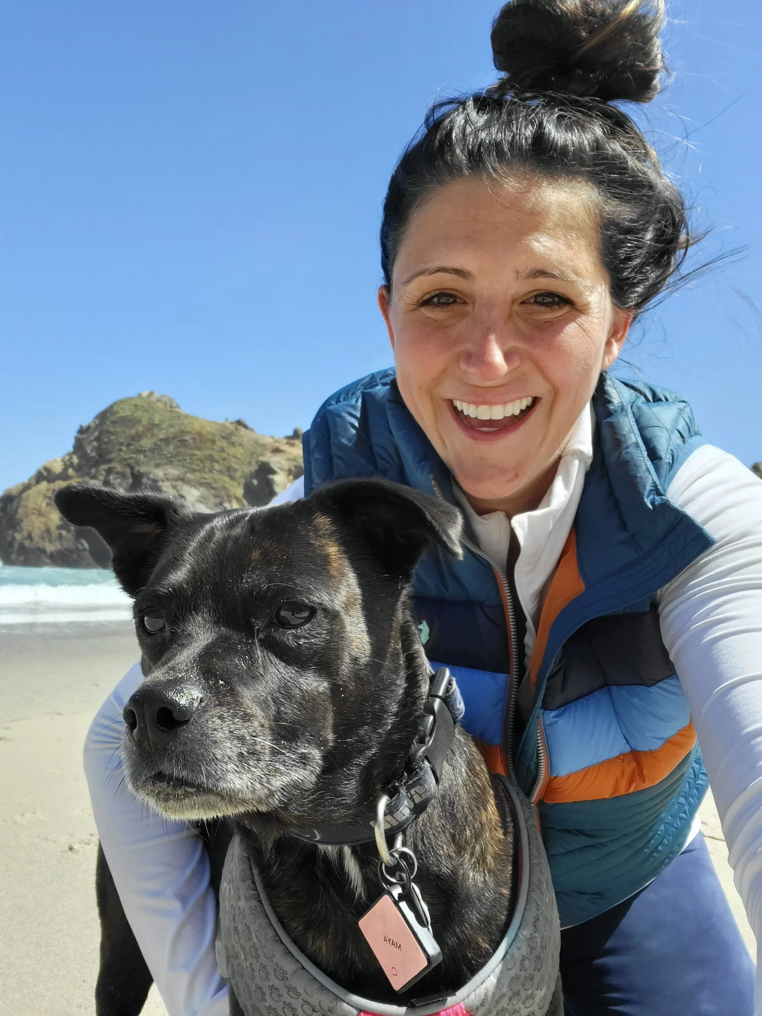 Smiling woman with dark hair in a top bun taking a selfie with her dog at the beach. The woman is wearing a blue vest over a white shirt, and the dog, a dark brindle with a white patch on its chest, is wearing a harness with an ID tag. The background
