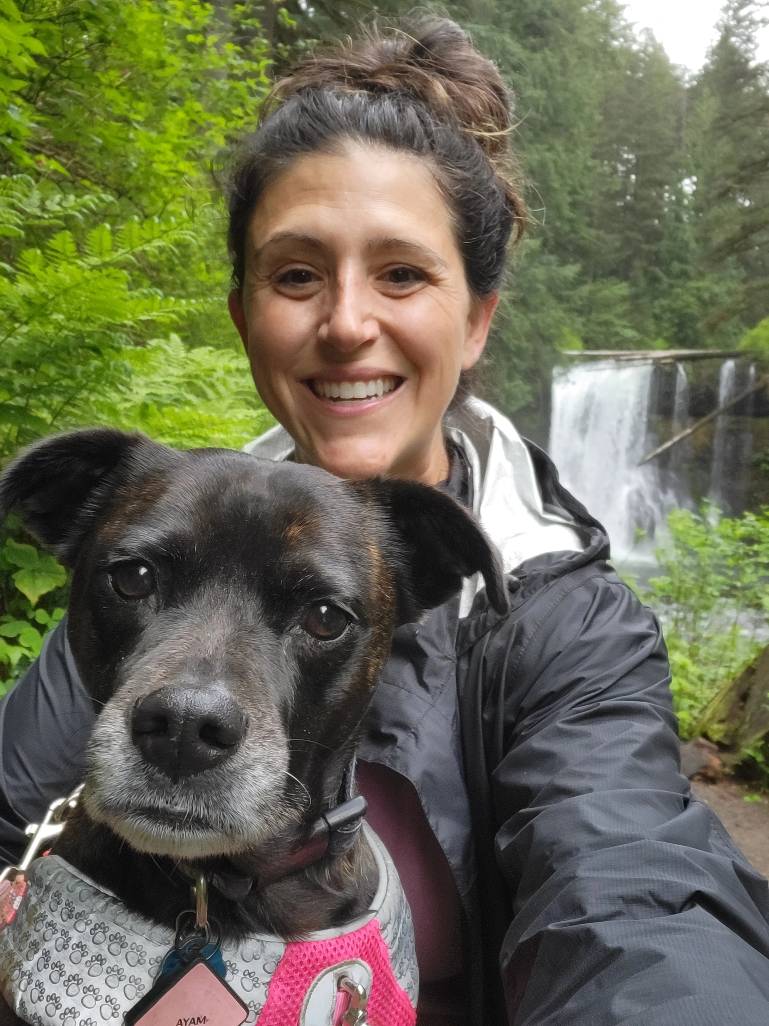A woman with brown hair in a bun smiling while taking a selfie with a black and brown dog near a waterfall in a lush green forest.