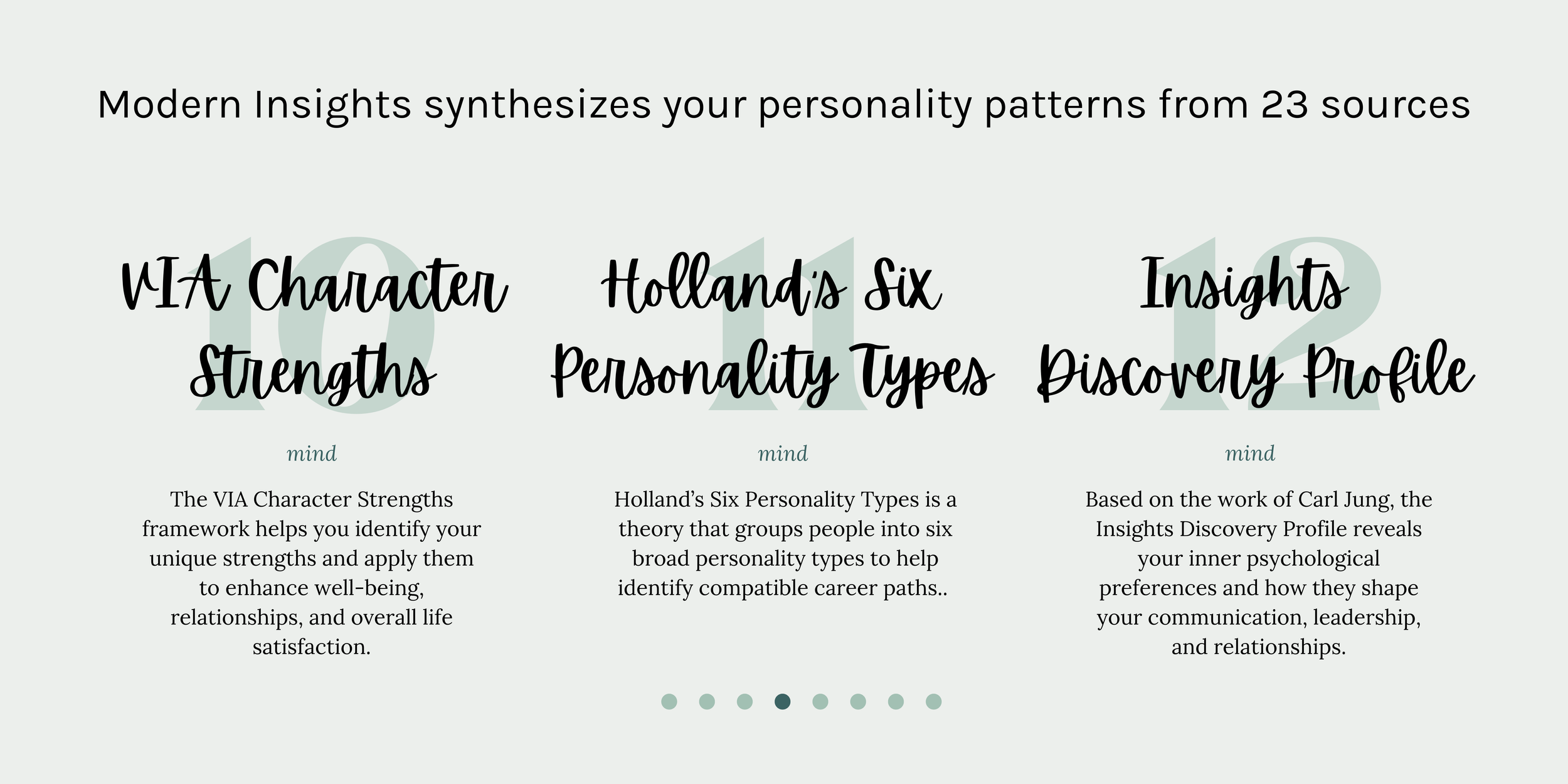 Insisghts Discovery Profile, VIA Character Strengths Framework, Hollands Six Peronality Types