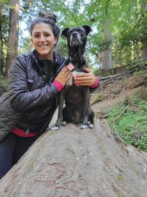 A woman with dark hair tied up, smiling and wearing a black jacket and pink sleeves, is posing with a black dog on a fallen tree in a green forest.