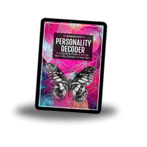 Tablet displaying a book titled 'Numerologist's Personality Decoder' with a butterfly illustration on a vibrant pink and purple background.
