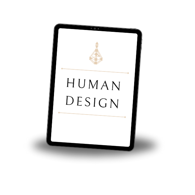 A tablet displaying the text 'Human Design' with a small illustration of a geometric structure above it.