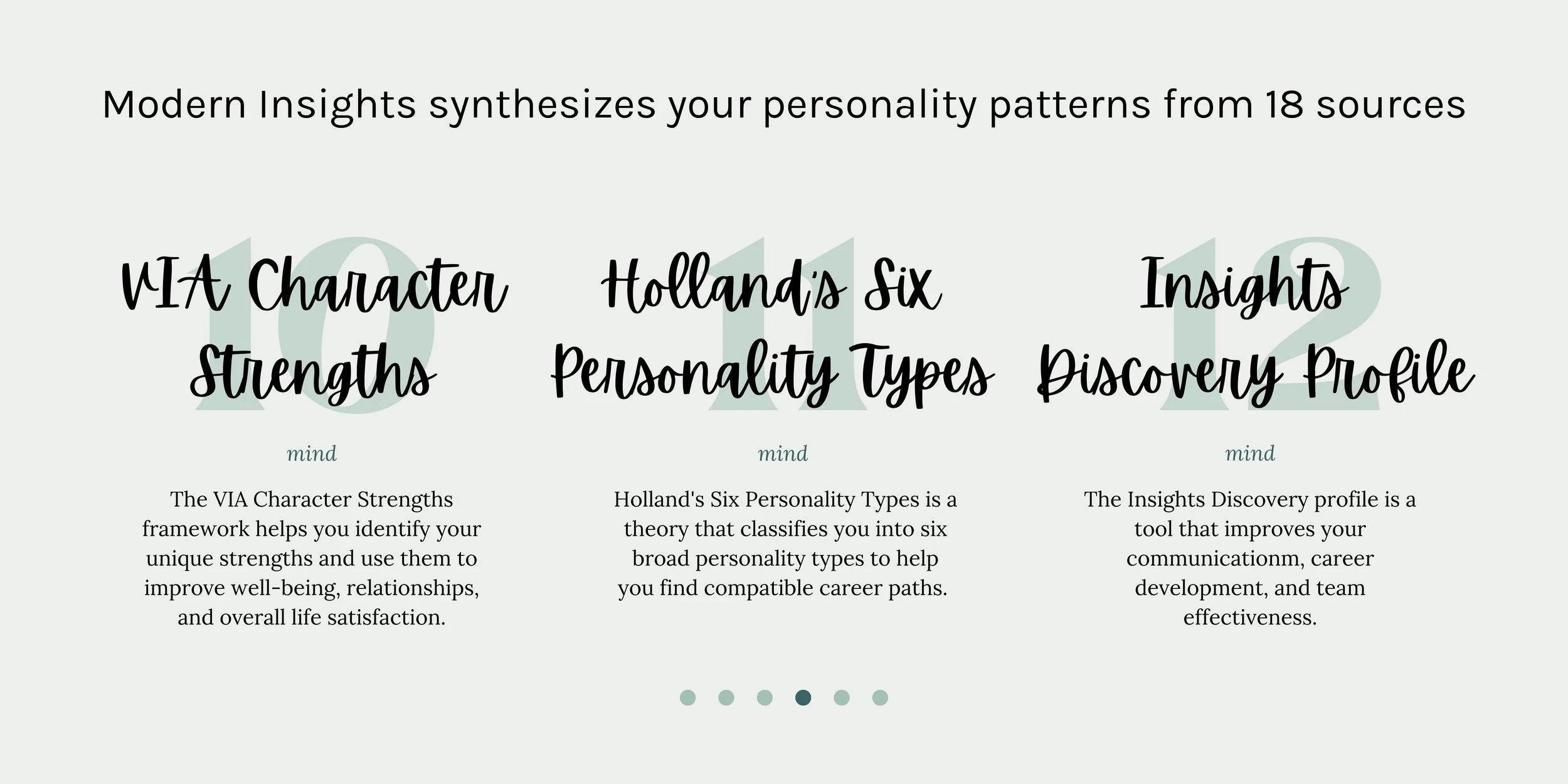 Insisghts Discovery Profile, VIA Character Strengths Framework, Hollands Six Peronality Types