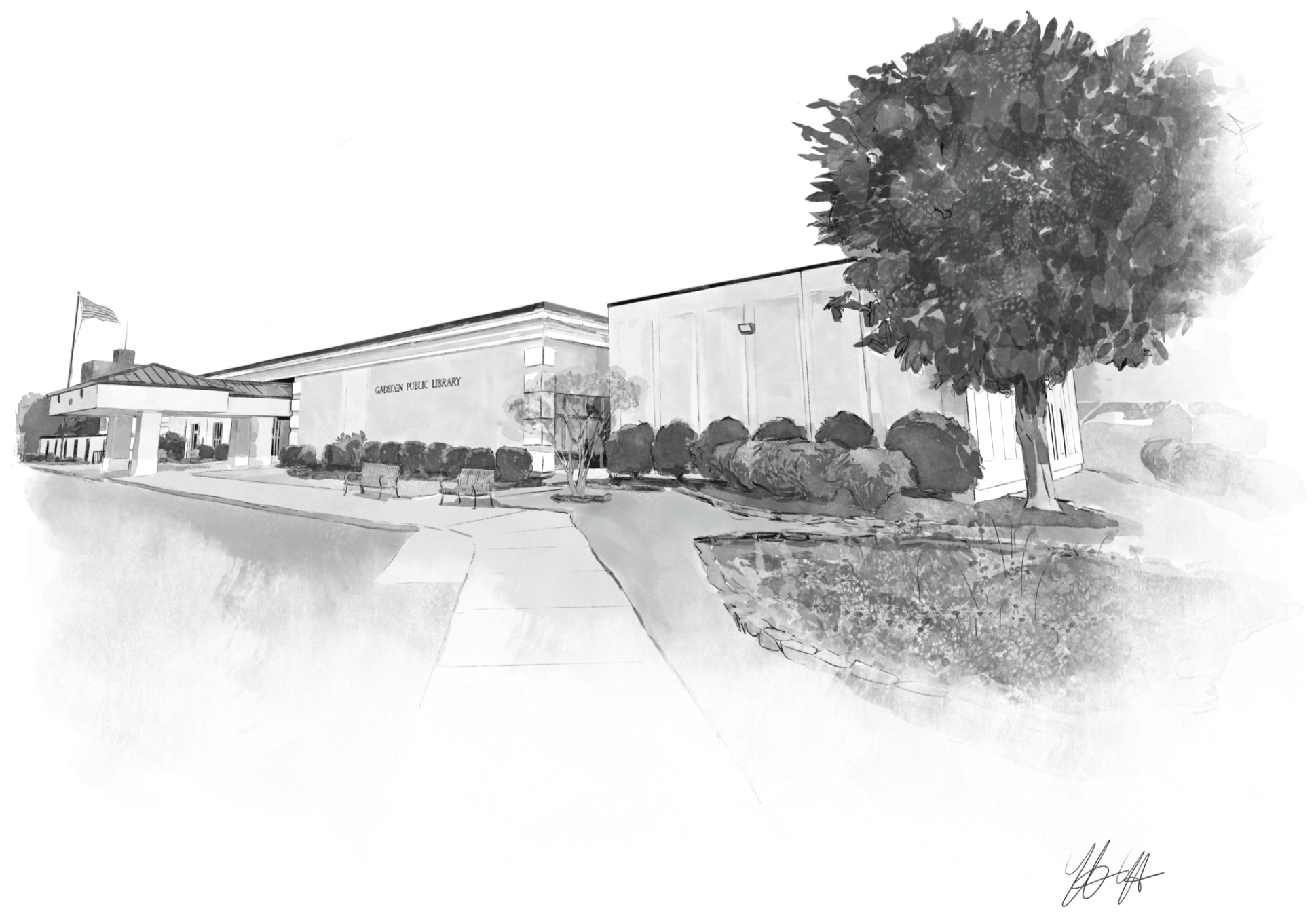Architectural illustration for the Gadsden Public Library Association