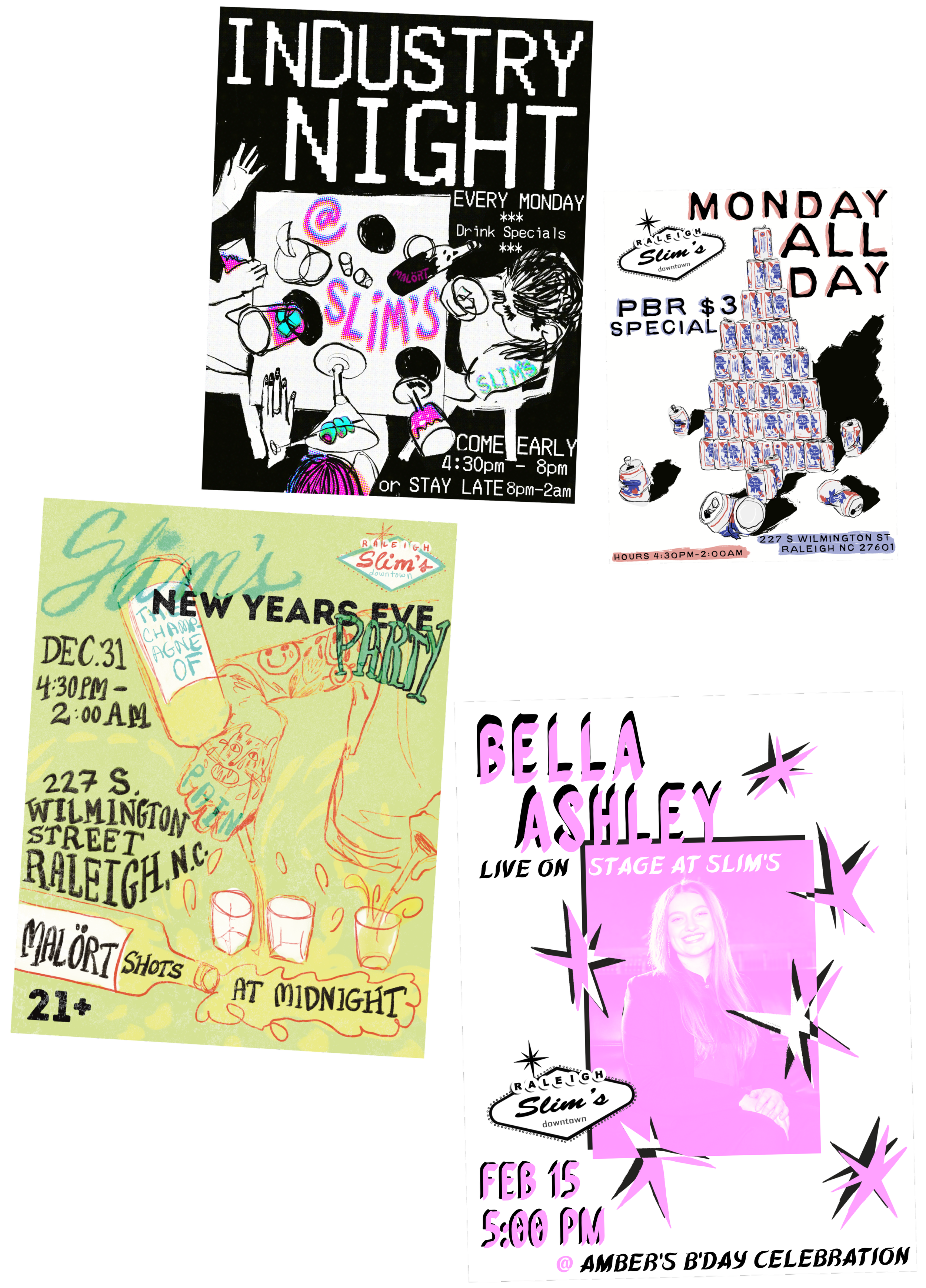 Flyers for Slim’s bar in Raleigh