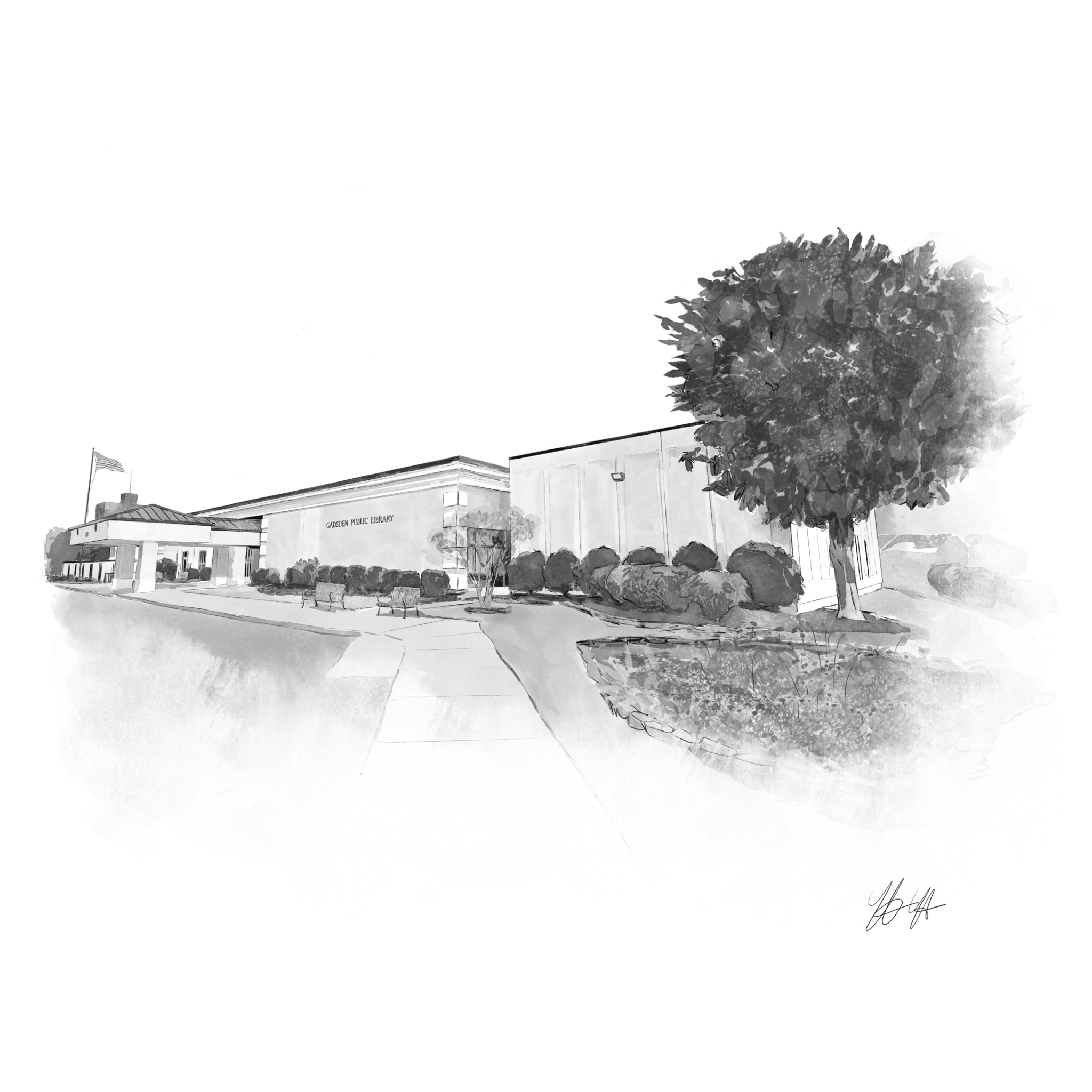 Architectural illustration for the Gadsden Public Library Association