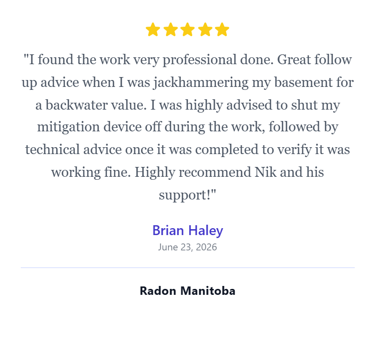 A digital review or testimonial with five yellow stars at the top, a positive customer message about professional work, and the name Brian Haley dated June 23, 2026, with the location Radon Manitoba at the bottom.