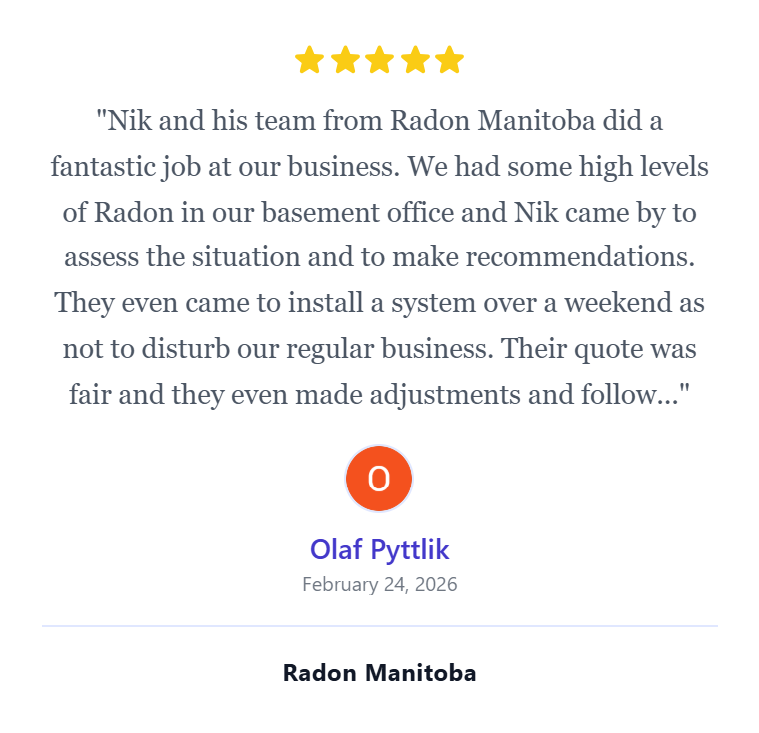 Testimonial praising Nik and his team from Radon Manitoba, with five gold stars, quote, date, reviewer name Olaf Pyttlik, and mention of Radon Manitoba.