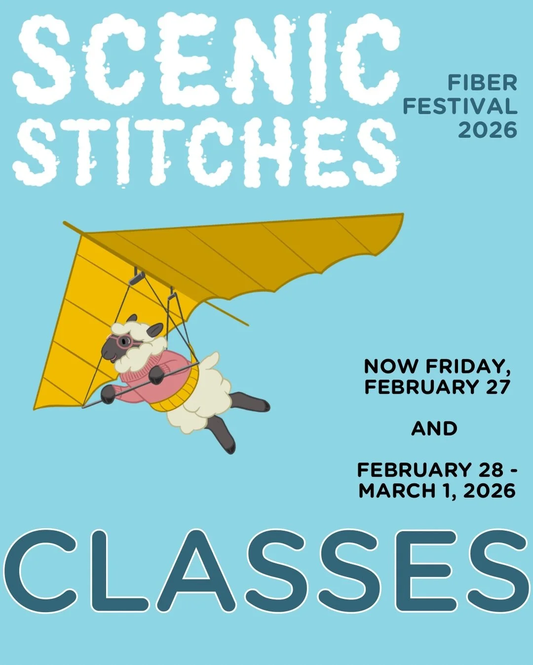 The class schedule for the Scenic Stitches Fiber Festival 2026 is now live! 

Choose from a selection of classes during the festival on Saturday and Sunday, or (NEW) ahead of the festival on Friday, February 27! 

Friday classes will take place at th