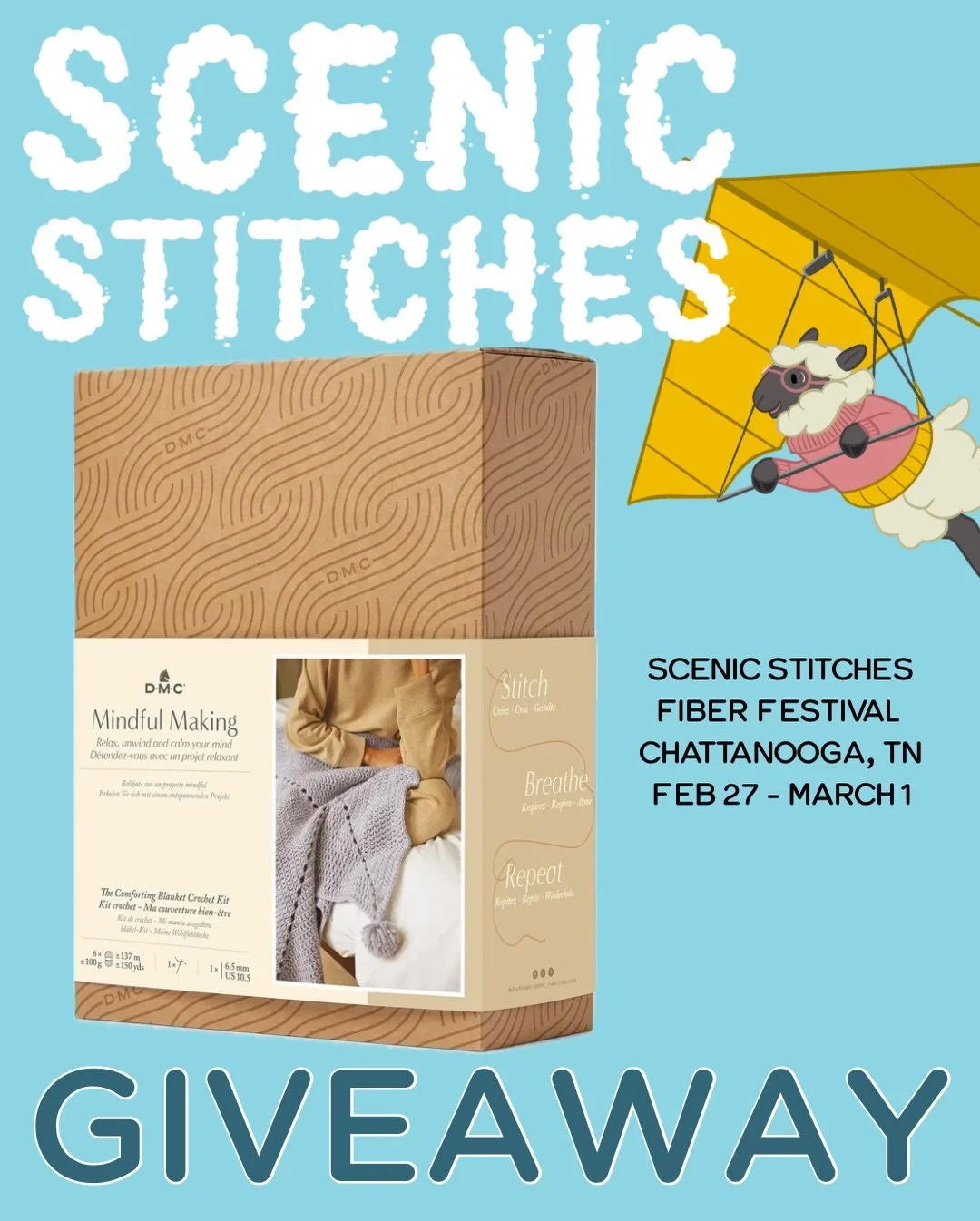 G I V E A W A Y 

The Scenic Stitches Fiber Festival is right around the corner! To help celebrate, @dmc_crafts has donated some fun prizes for us to give away! This prize is one &ldquo;Mindful Making: Comforting Blanket&rdquo; crochet kit. 

Rules:
