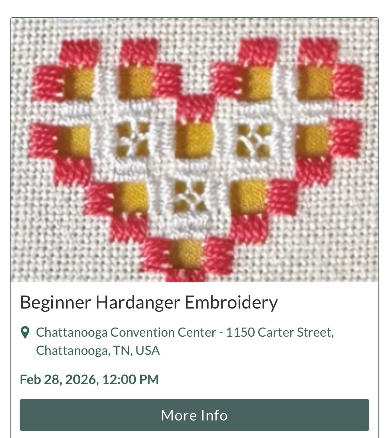 Scenic Stitches Fiber Festival Class Spotlight: Beginner Hardanger Embroidery

Hardanger embroidery is enjoying a return to popularity.  Learn the basics of this cut thread embroidery, including Kloster blocks, woven bars and dove's eyes. 

Class fee