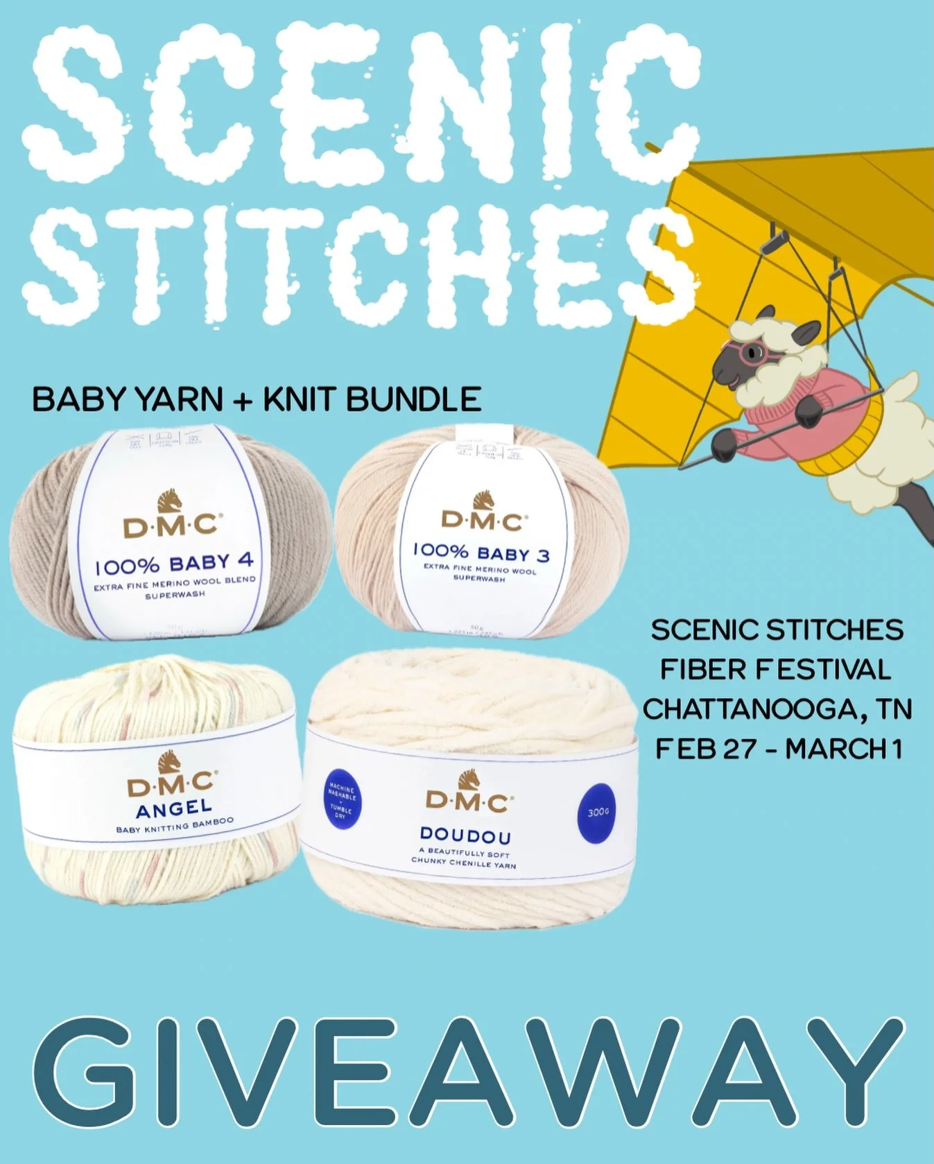 **Now Closed** G I V E A W A Y 

The Scenic Stitches Fiber Festival is coming up! To help celebrate, @dmc_crafts has donated some fun prizes for us to give away! This prize is 4 skeins of baby yarn in the types and colors shown, plus a small selectio