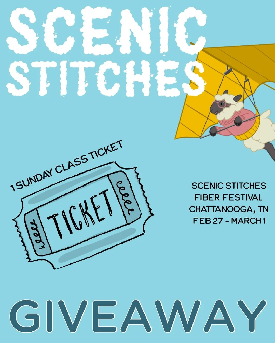 **Now Closed** G I V E A W A Y 

The Scenic Stitches Fiber Festival is coming up! To help celebrate, we&rsquo;re giving away a class ticket! This prize is a single(1) class ticket to a Sunday class of your choice! (Ticketing availability depends on w