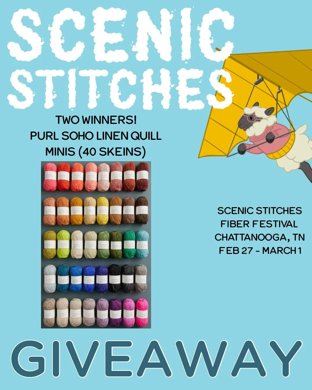 G I V E A W A Y x 2!

This prize will be given to TWO winners! 

The Scenic Stitches Fiber Festival is coming up! To help celebrate, @purlsoho has donated some fun prizes for us to give away! This prize is a 40-pack of &ldquo;Linen Quill&rdquo; mini-