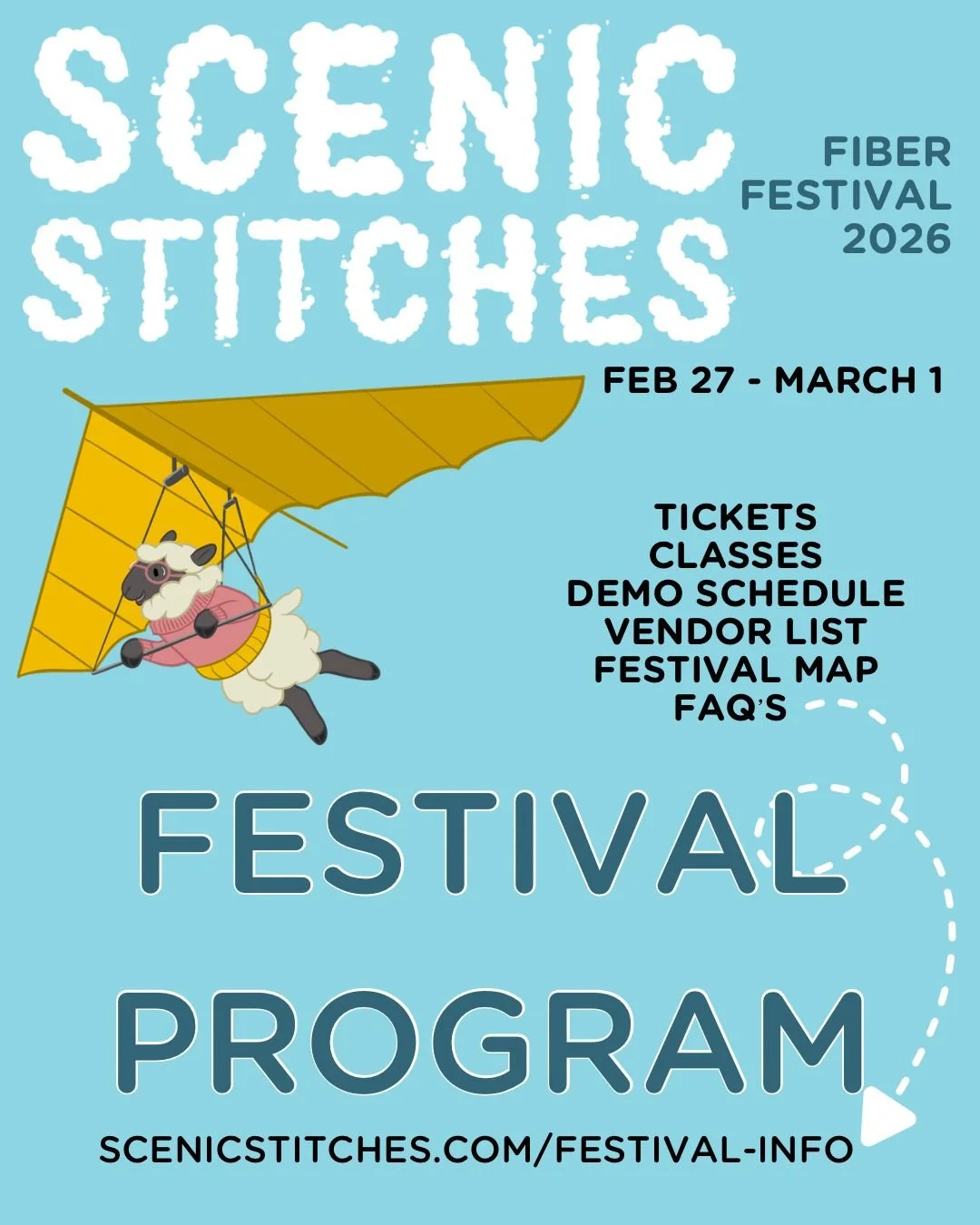 The festival program is available online! 

Visit scenicstitches.com/festival-info to see all of the info leading up to the festival:

- tickets
- classes
- demo schedule 
- vendor list
- festival map
- FAQ&rsquo;s

We&rsquo;ll be seeing you all THIS