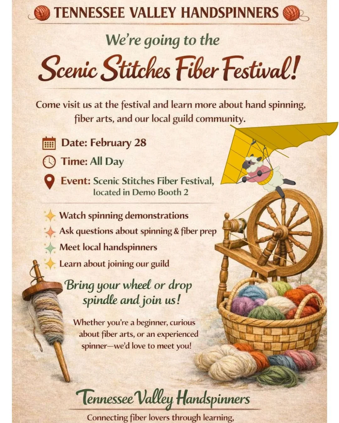We&rsquo;re excited to be hosting the Tennessee Valley Handspinners! They&rsquo;ll be at one of our demo booths all day on Saturday. 

We have two demo booths with all-day lineups that are different each day. Be sure to check out the full schedule at
