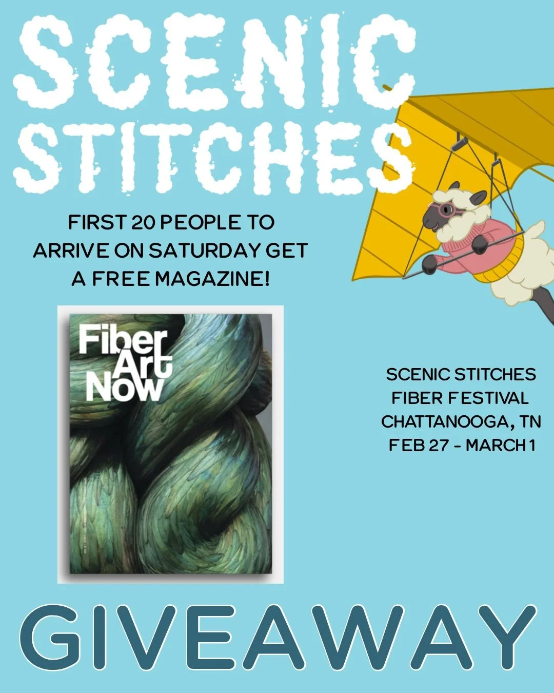 G I V E A W A Y

This one is a little different! @fiberartnow has donated 20 issues of their Winter 2026 Fiber Art Now magazine to giveaway! 

To get one, be one of the first 20 people to arrive at the Scenic Stitches Fiber Festival on Saturday, Febr