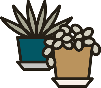 Two cartoon potted plants, one with spiky leaves and the other with round flowers.