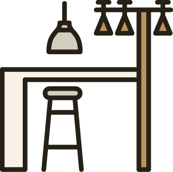Illustration of a barstool, a hanging lamp, and fish scales hanging on a wooden pole in a kitchen or bar setting.