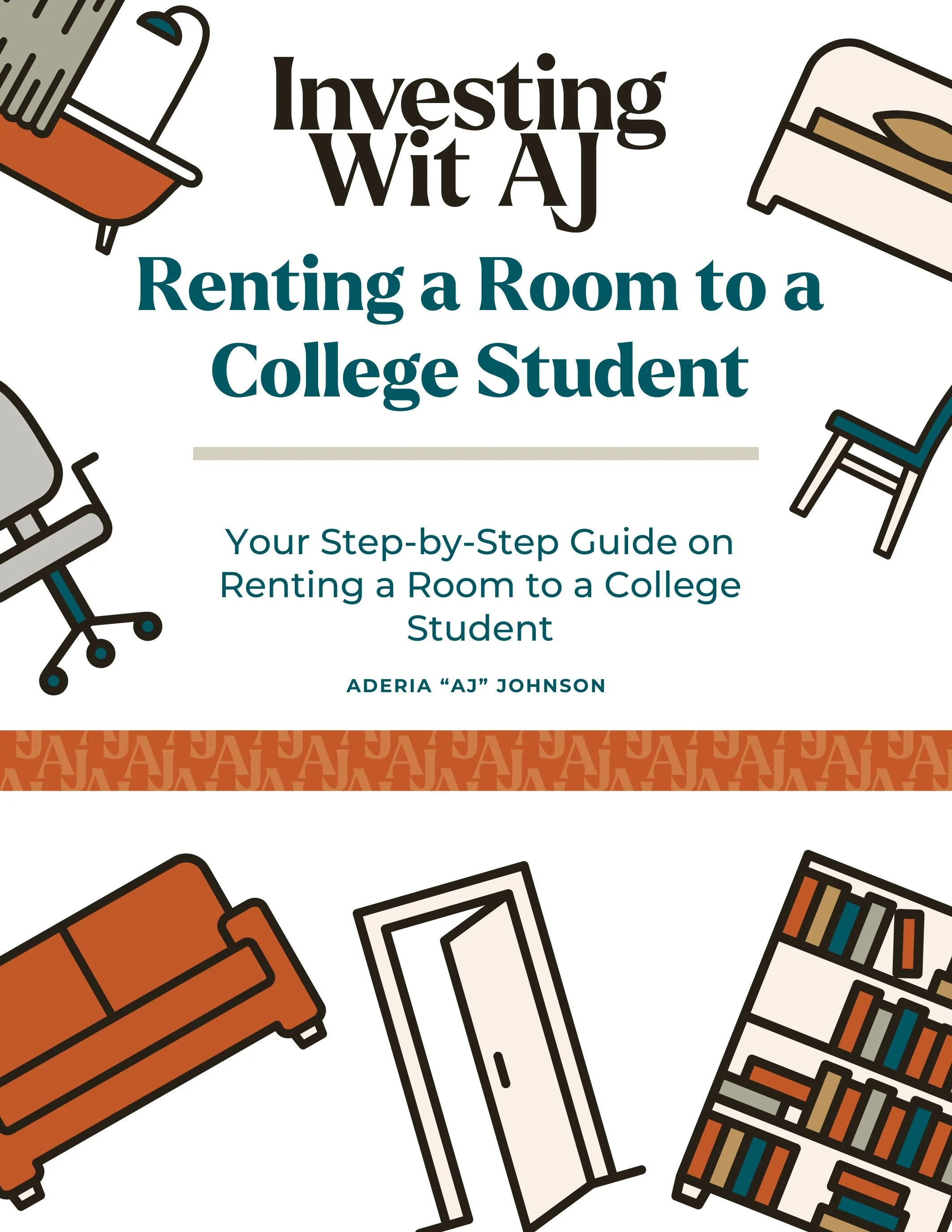 Book cover titled 'Investing Wit AJ: Renting a Room to a College Student,' by Aderia 'AJ' Johnson, featuring illustrations of a sofa, bookshelf, door, chair, desk with a lamp, and a bed.