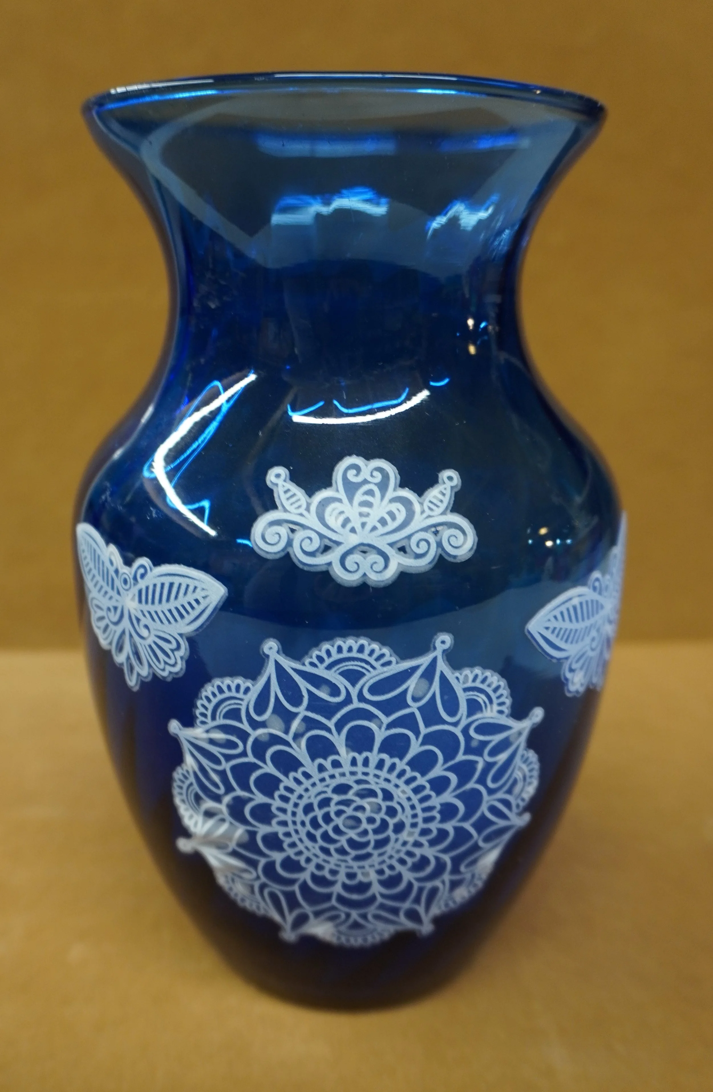 Handcrafted Deep Blue Floral Glass Vase