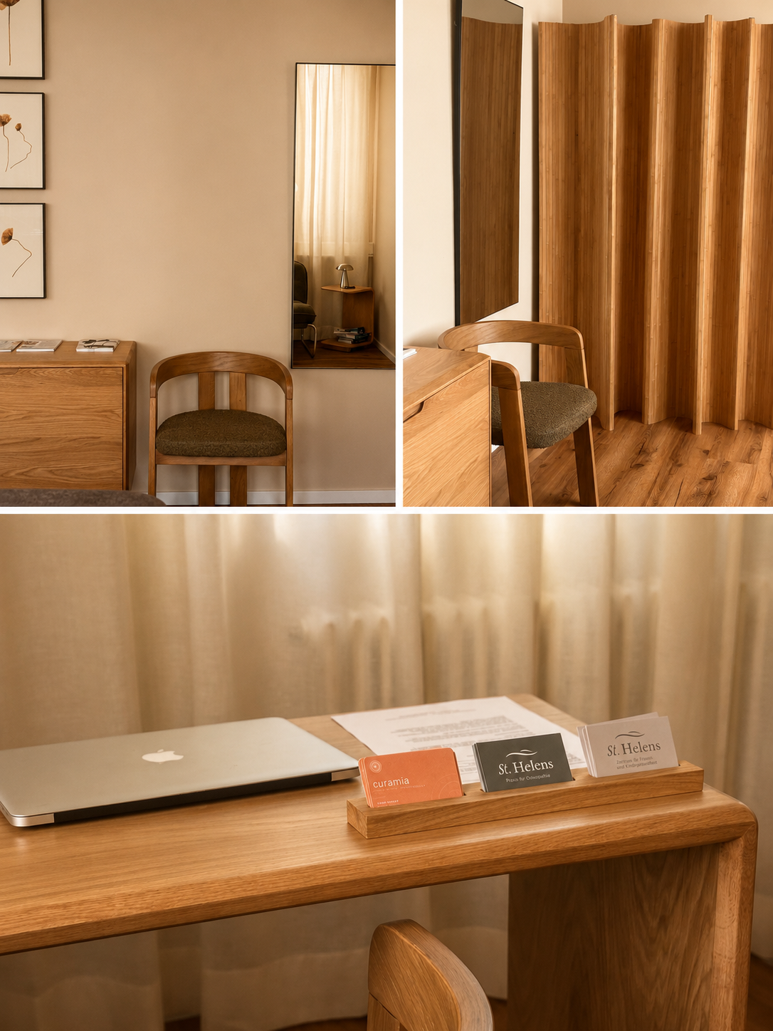 Ein Raum mit Holzermöbeln, einer großen Wandspiegel, Bildern an der Wand und einem Schreibtisch mit Visitenkarten und einem Laptop.
