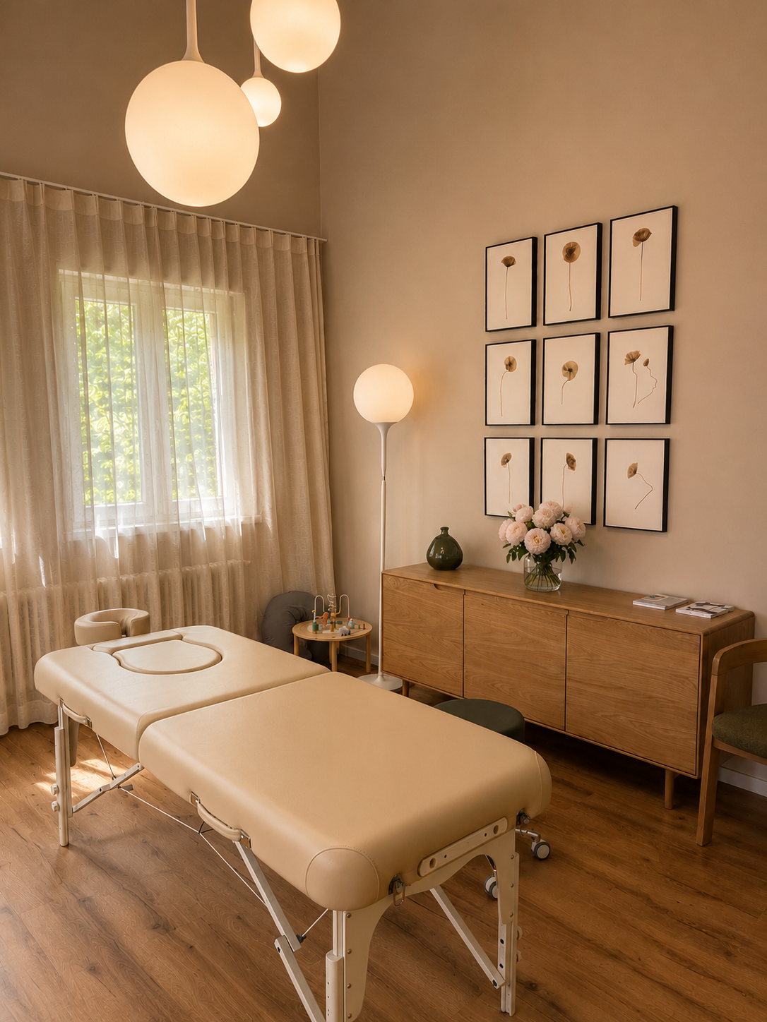 Behandlungszimmer in einer medizinischen Praxis mit einem beigefarbenen Behandlungstisch, einem Bücherregal, einem Blumenstrauß, Wandbildern, einer stehenden Lampe und Vorhängen vor einem Fenster.