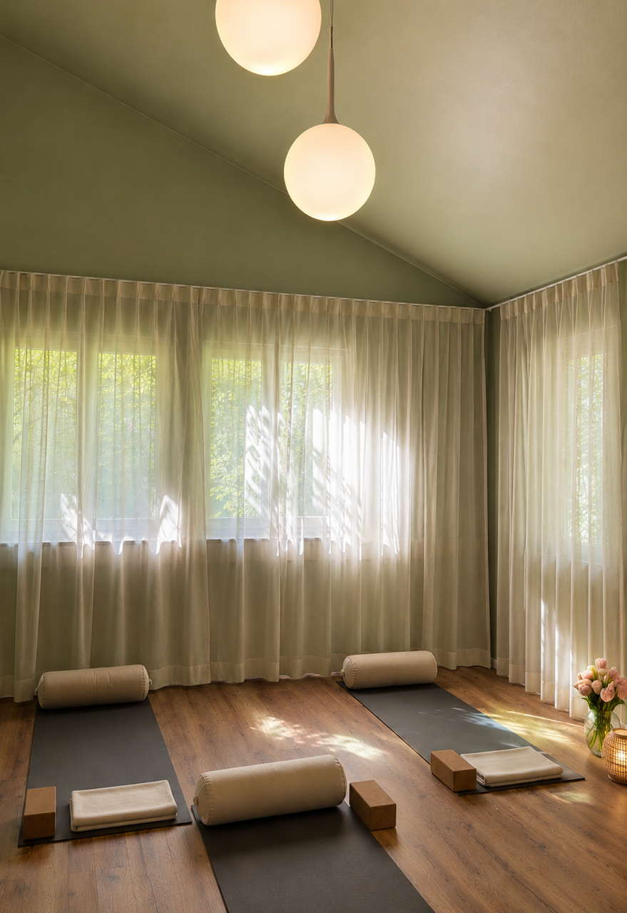 Ein Yoga-Raum mit drei Yogamatten, Yogablöcken, Rollen, Handtüchern und einer Vasen mit Blumen, sanft beleuchtet, mit großen Fenstern und weißen Vorhängen.