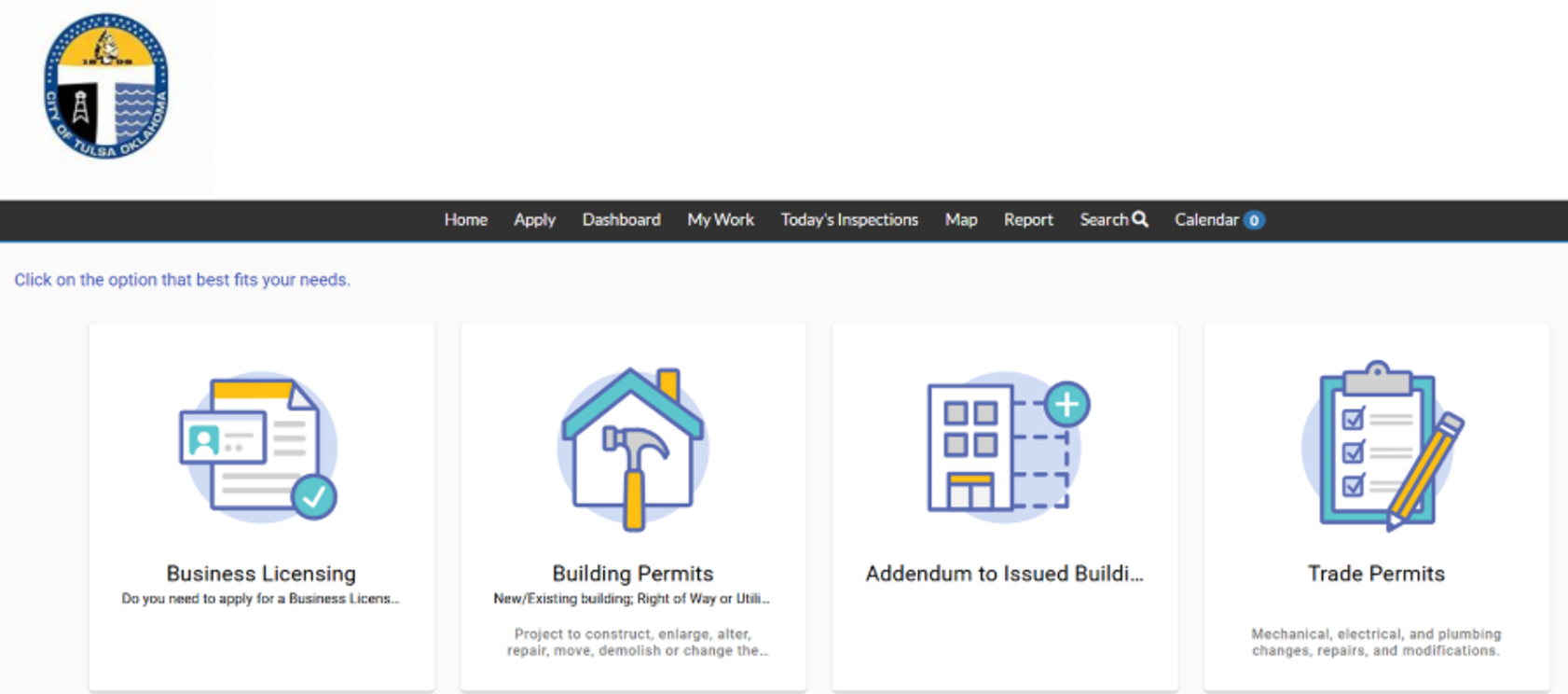  City of Tulsa’s Online Permit Application’s Decision Engine Tool helps customers navigate the permit application process based on project type with user-friendly icons and explanations. 