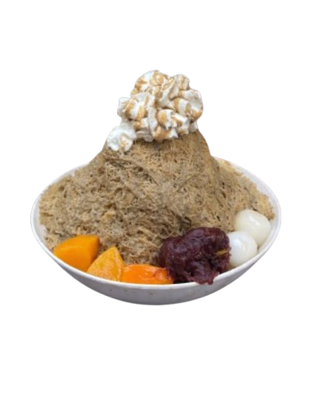 Bowl of hojicha shaved ice topped with whipped cream and hojicha syrup, with fruit and mochi on the side.