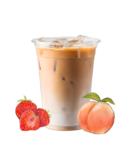 A glass of iced hojicha latte with milk accompanied by strawberries and a peach.