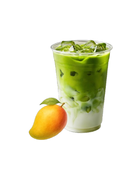 A glass of iced green matcha latte with milk and an iced mango drink with a mango fruit beside it against a black background.