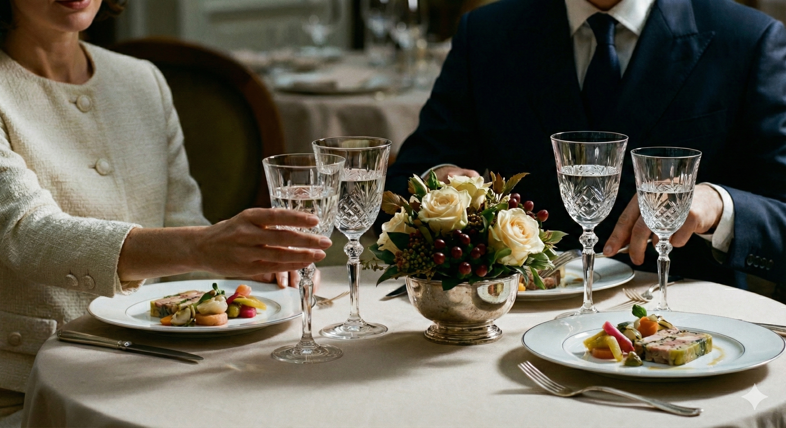 Deux personnes habillées formellement portant un toast avec des verres d'eau ou de vin lors d'un repas élégant avec un bouquet de fleurs blanches et de baies sur la table.
