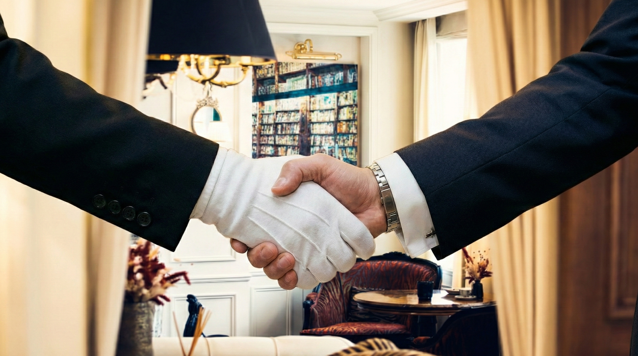 Une poignée de main entre deux personnes en costume dans une pièce élégante avec des rideaux dorés, un éclairage chaud et des meubles en bois.