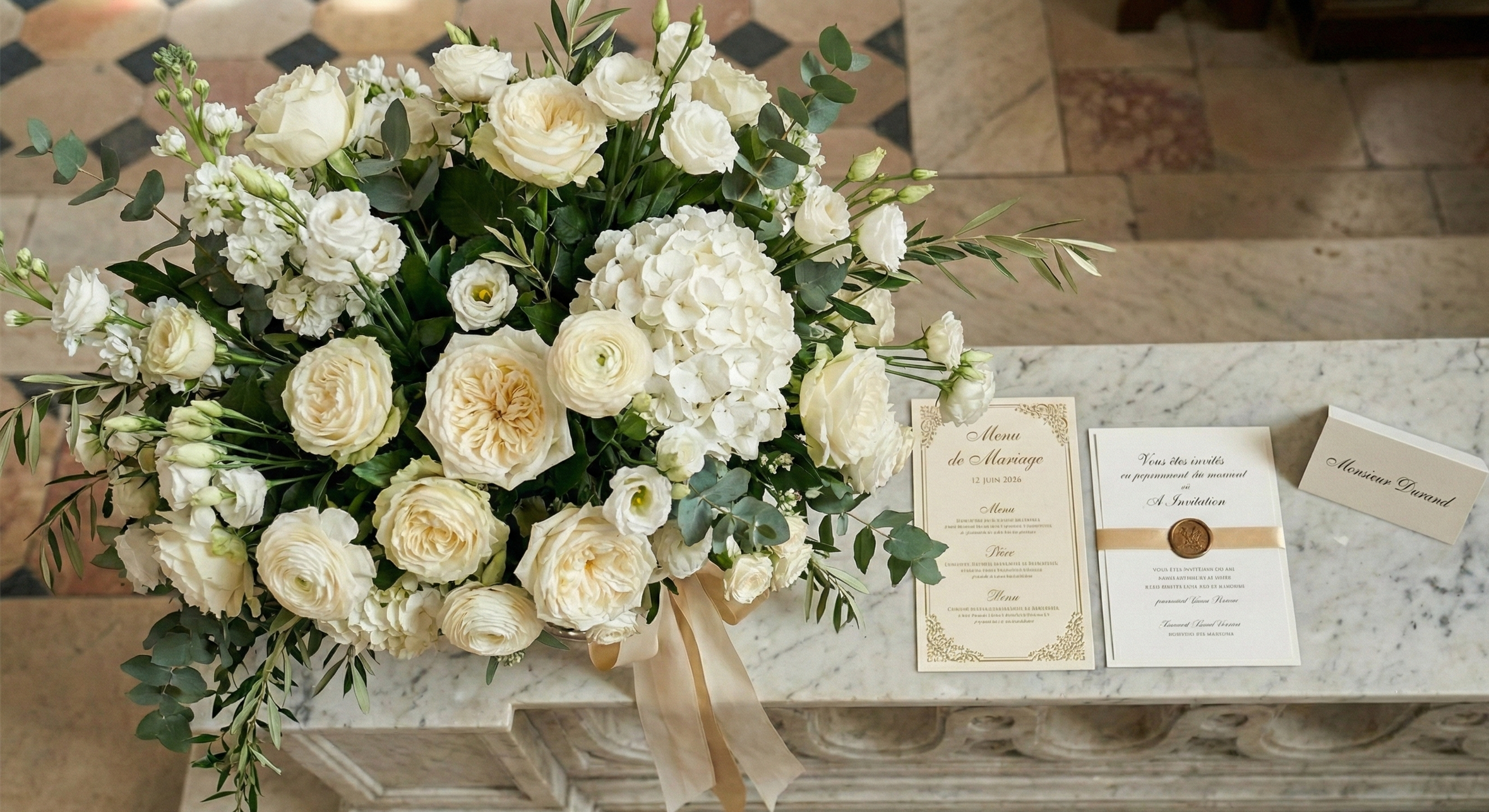Une grande composition florale blanche avec des roses, hortensias et feuillage, placée sur une table de marbre. À côté, un menu de mariage en français, une invitation, et une carte de nom."