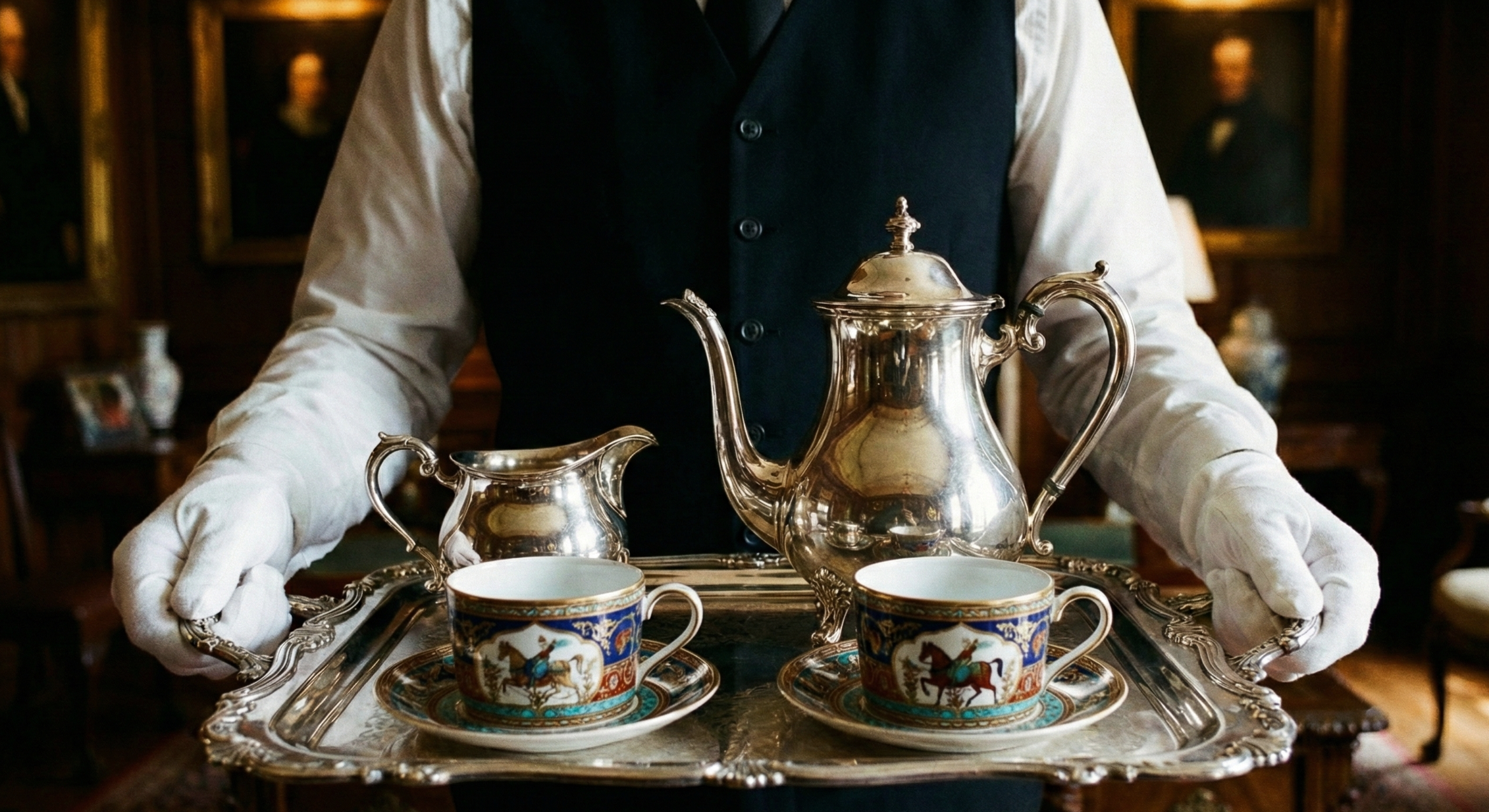Un majordome tenant un plateau avec une théière en argent, deux tasses en porcelaine ornées de dessins de chevaux, dans une pièce élégante avec des peintures et des meubles en bois.
