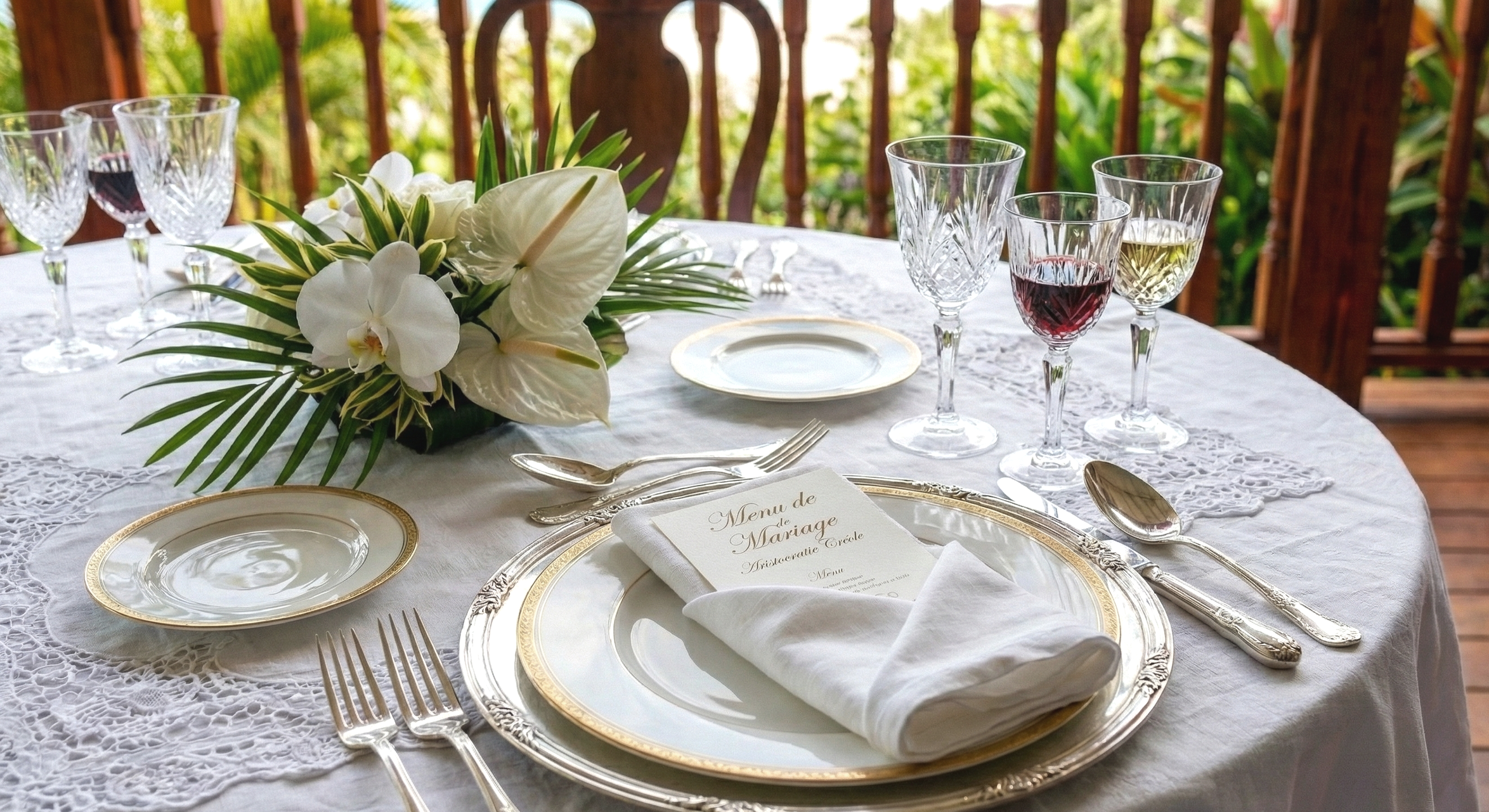 Une table de mariage élégamment dressée avec des assiettes en porcelaine avec des bordures dorées, des couverts en argent, un menu de mariage sur une serviette blanche, plusieurs verres à vin avec du vin rouge et blanc, un arrangement floral avec des fleurs blanches et des feuilles vertes sur une nappe en dentelle. L'ambiance est chaleureuse et raffinée, avec un décor en bois en arrière-plan.