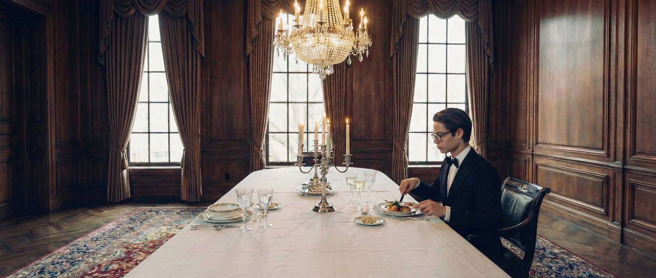Monsieur Cédric Tarquin, en smoking noir, portant des lunettes, assis seul à une grande table dans une salle avec des murs en bois foncé, des rideaux marron et un chandelier en cristal suspendu, en train de dîner élégamment.