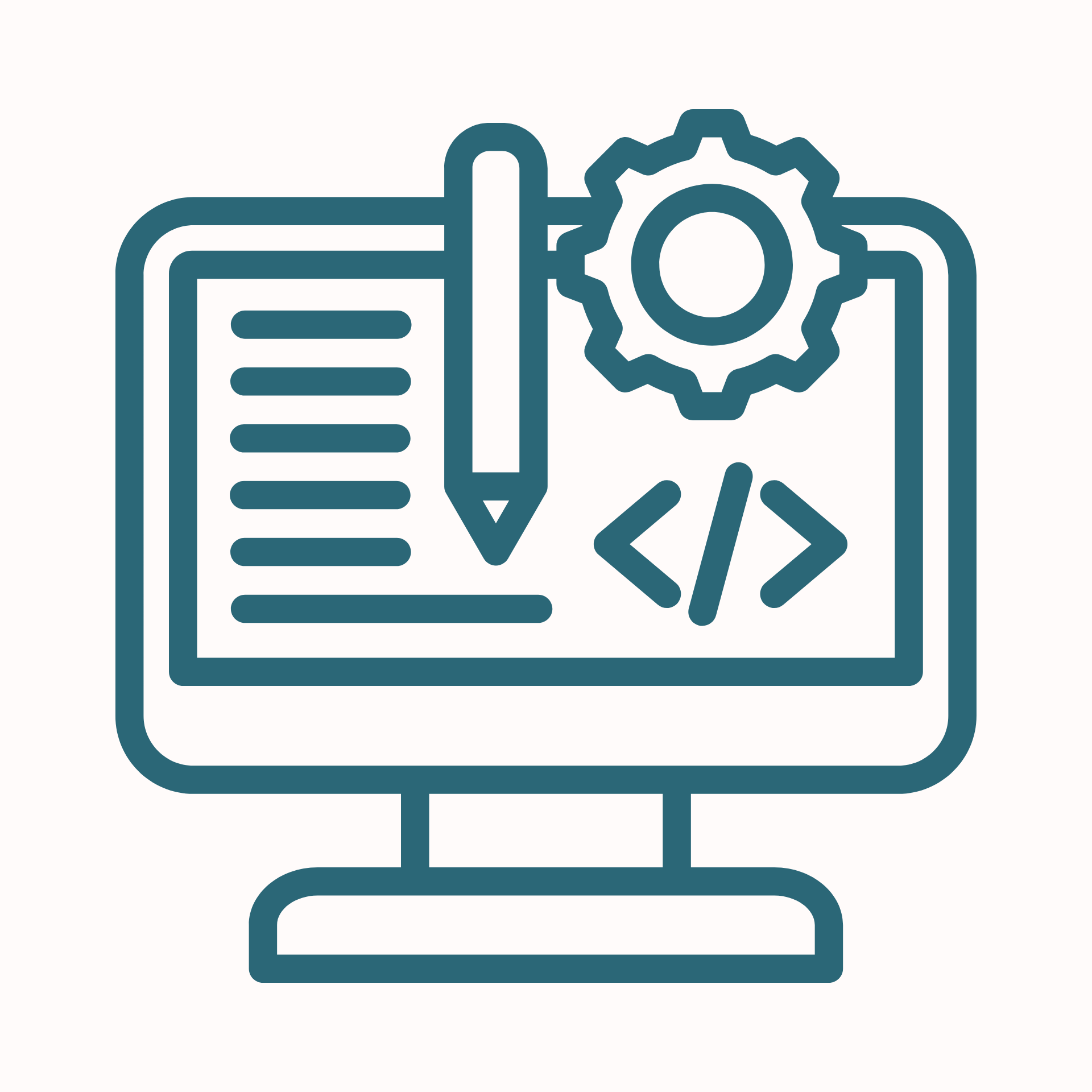 Icon of a computer screen displaying coding, a gear symbol, a pen, and lines of text.